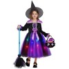 Hereneer Costume Sorciere Enfant, LED Robe de Sorcière Enfant avec Chapeau de Sorcière, Sac Magique, Balai et Masque pour Les
