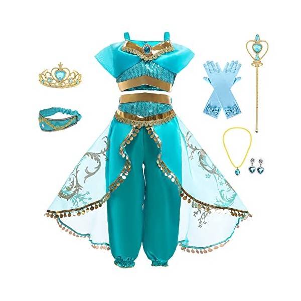 AISHANGYIDE Fille Deguisement Princesse Jasmine, Robe de Aladdin Princesse avec Perruque Bandeau Accessoires, Enfants Anniver