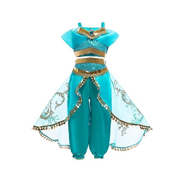 AISHANGYIDE Fille Deguisement Princesse Jasmine, Robe de Aladdin Princesse avec Perruque Bandeau Accessoires, Enfants Anniver