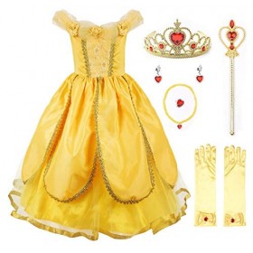 JerrisApparel Princesse Belle Costume De luxe Fête Shabiller pour Filles 7 Ans, Jaune 1 avec Accessoires 