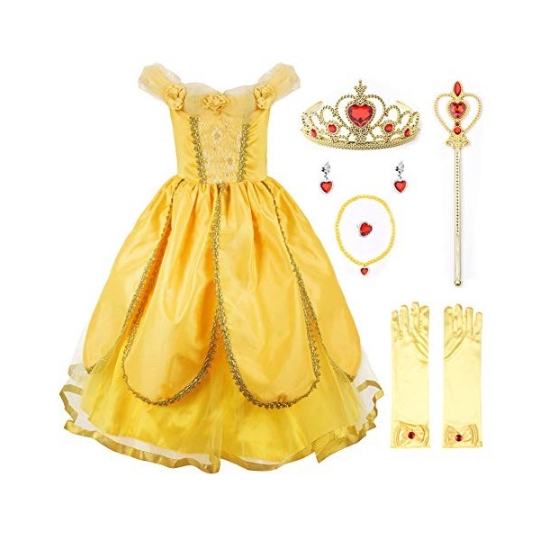 JerrisApparel Princesse Belle Costume De luxe Fête Shabiller pour Filles 7 Ans, Jaune 1 avec Accessoires 