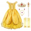 JerrisApparel Princesse Belle Costume De luxe Fête Shabiller pour Filles 7 Ans, Jaune 1 avec Accessoires 