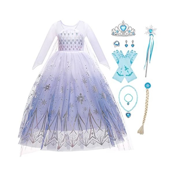 Eleasica Enfant Reine des Neiges 2 Robe de Princesse Elsa Fille Baguette Magique Couronne Déguisement Noël Carnaval Halloween