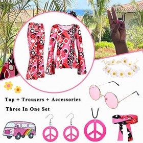 YADODO Costume hippie des années 70 et années 70 - Pantalon évasé disco avec accessoires hippie - Déguisement des années 70 e