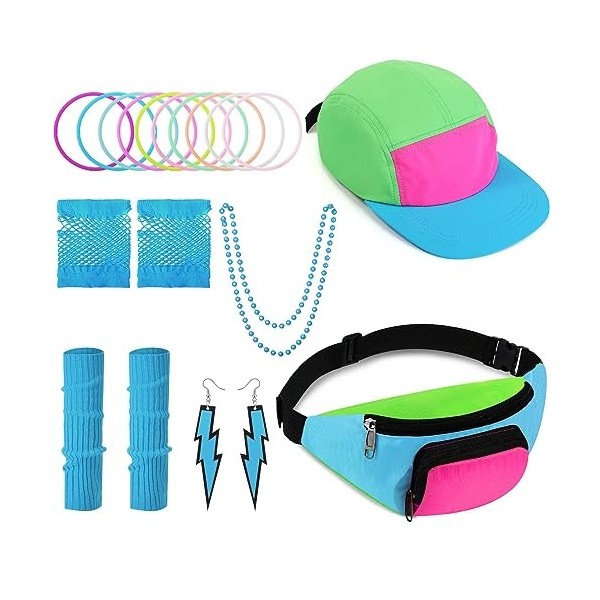 Cindeer Accessoires de Déguisement des Années 80 pour Femme Set de Costume de Fête des Années 80, Chapeau Néon Sac Banane Rét