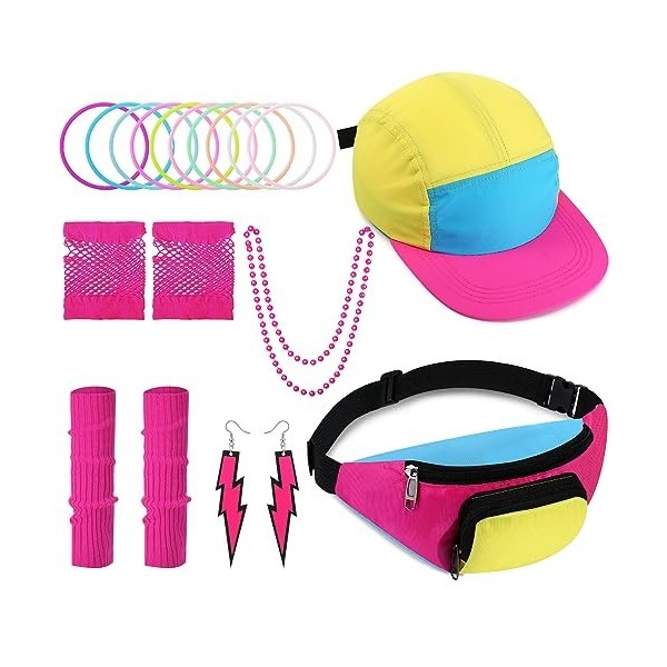 Cindeer Accessoires de Déguisement des Années 80 pour Femme Set de Costume de Fête des Années 80, Chapeau Néon Sac Banane Rét