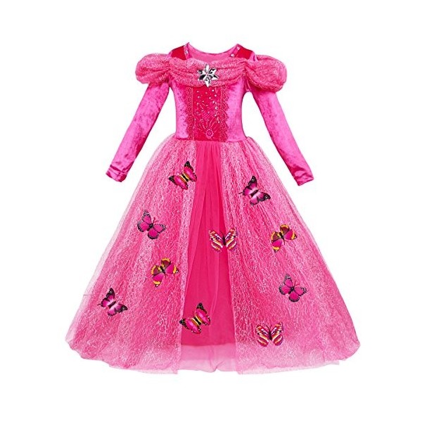 IBTOM CASTLE Deguisement Princesse Robe Fille Costume Papillon Rose Enfant Manches Longues Carnaval avec Couronne Baguette Ma