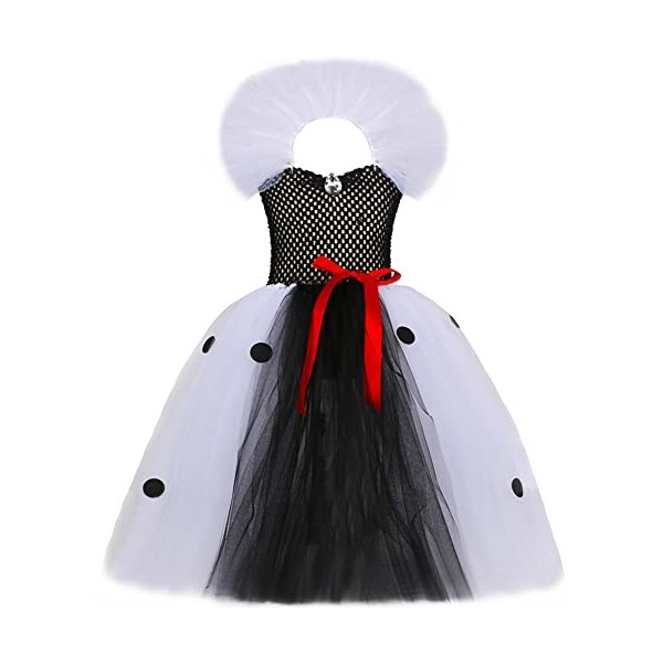 IWEMEK Déguisement Cruella Enfant Fille 101 Dalmatien Costume sans manches tricoté Tutu robe avec perruque gants accessoires 