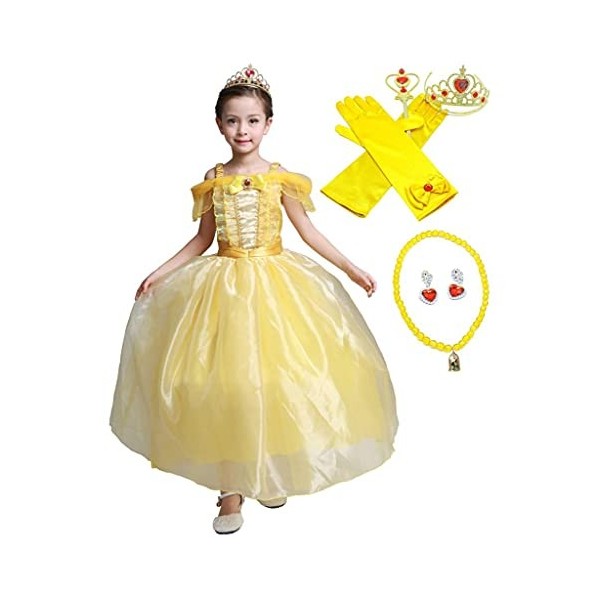 Lito Angels Deguisement Robe Costume Princesse Belle avec Accessoires Enfant Fille, Taille 6-7 ans, Jaune