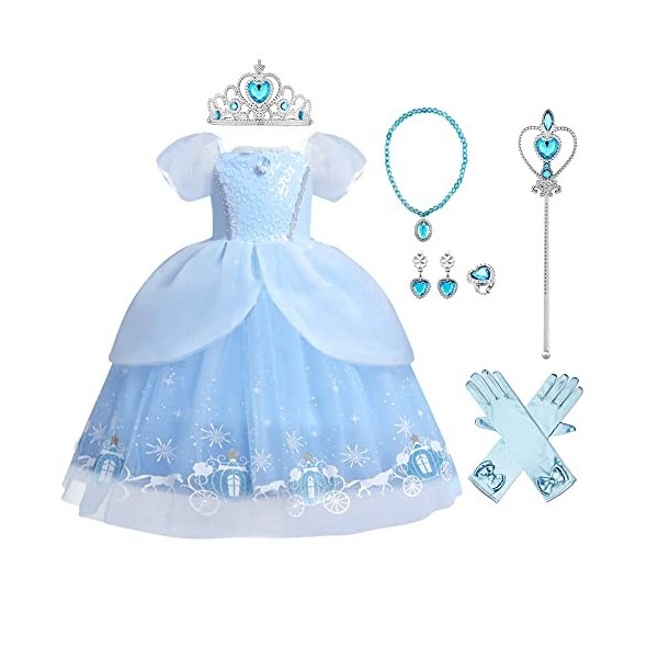 IWEMEK Costume de princesse Cendrillon pour fille + accessoires Ensemble cosplay, Halloween, carnaval, Noël, anniversaire, co