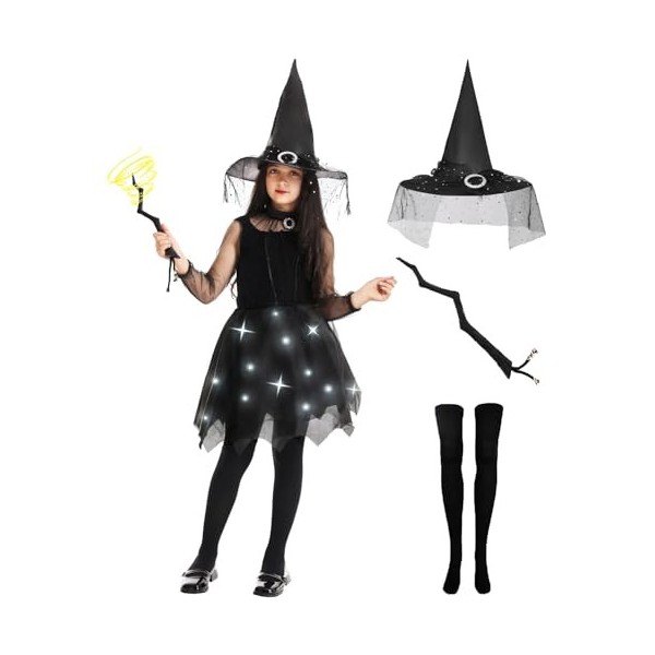 Geplaimir Costume de sorcière pour enfant fille - Robe de vampire - Ensemble daccessoires avec chapeau de sorcière - Baguett