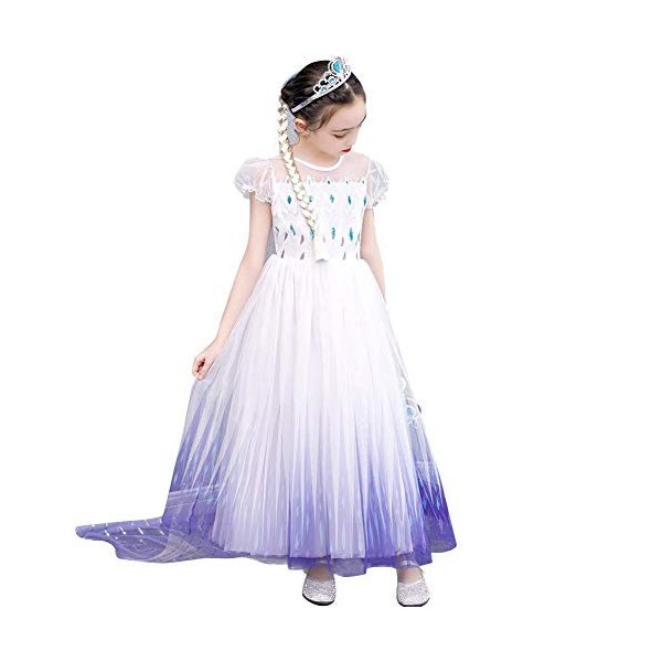 IWEMEK Robe de princesse Elsa 2 pour fille - Costume de Reine des Neiges - Flocon de neige en tulle - Accessoires pour cospla