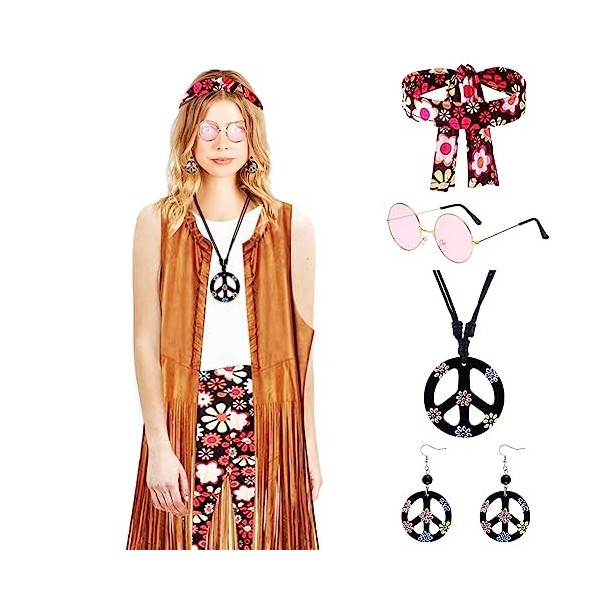 Punvot Costume hippie des années 60 et 70 pour femme, costume hippie pour femme, gilet à franges, pantalon évasé pour femme, 
