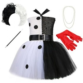 IDOPIP Déguisement Cruella Deville Enfant Fille 101 Dalmatiens Tutu Robe en Tulle avec Accessoires pour Halloween Cosplay Fêt
