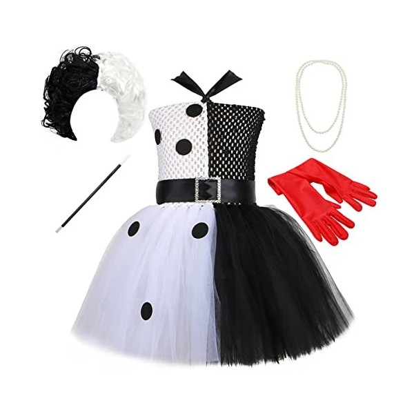 IDOPIP Déguisement Cruella Deville Enfant Fille 101 Dalmatiens Tutu Robe en Tulle avec Accessoires pour Halloween Cosplay Fêt