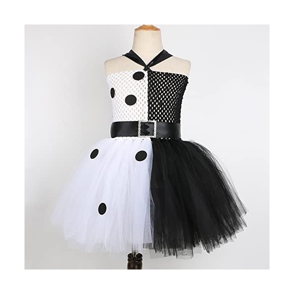 IDOPIP Déguisement Cruella Deville Enfant Fille 101 Dalmatiens Tutu Robe en Tulle avec Accessoires pour Halloween Cosplay Fêt