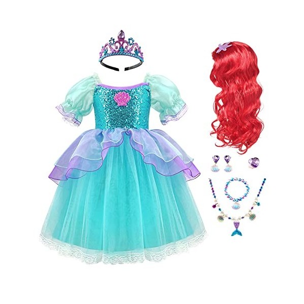 IDOPIP Deguisement Robe Sirène Princesse Ariel pour Enfant Fille avec Perruque Sirène Rouge, Tenues Bijoux Baguette Magique p