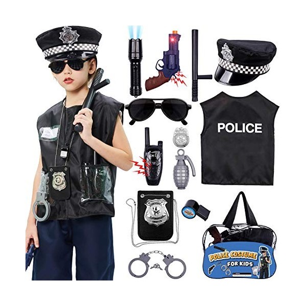 Tacobear Police Deguisement Enfant Costume Accessoires Police Menottes  Gilet Insigne Porte Carte Lunettes Walkie Talkie Jouet