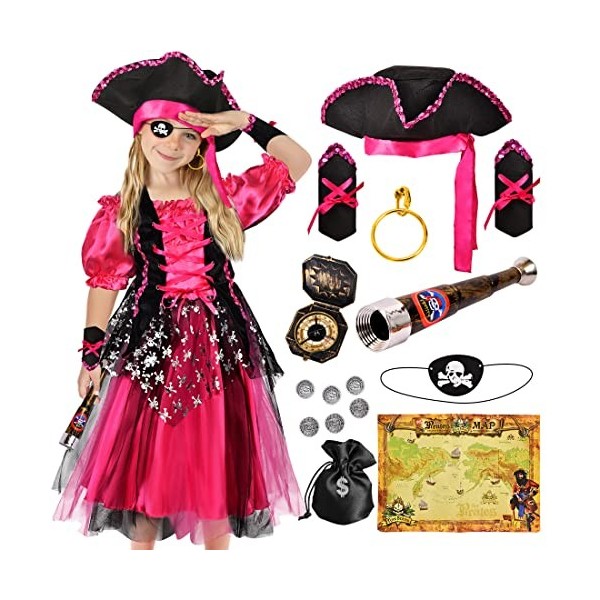 Tacobear Déguisement Pirate Enfant Fille Costume Pirate de Luxe avec Pirate Accessoires Buccaneer Princess Pirate Chapeau Com