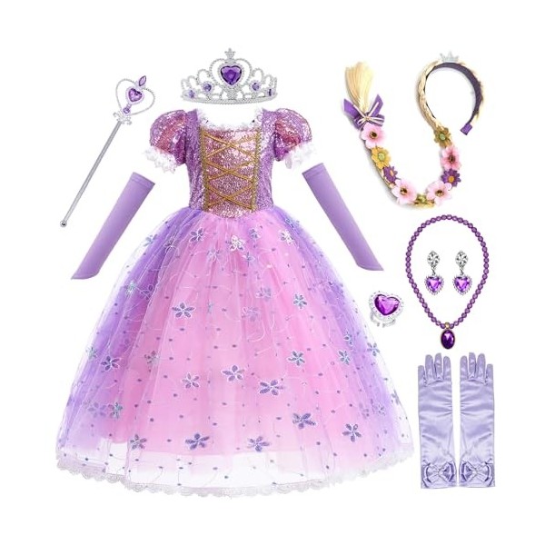 Cnexmin Fille Robe De Princesse Raiponce Deguisement Raiponce Enfant Costume De Raiponce Avec 8 Accessoires Rapunzel Robe FêT