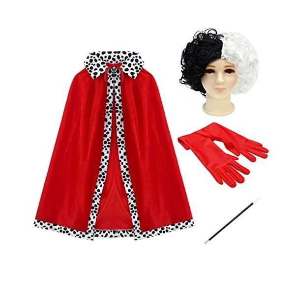 4PCS Cruella Deville Cape Perruque Gants Titulaire Ensemble daccessoires Cruella De Vil Déguisement Enfant Adultes pour Hall