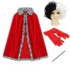 4PCS Cruella Deville Cape Perruque Gants Titulaire Ensemble daccessoires Cruella De Vil Déguisement Enfant Adultes pour Hall