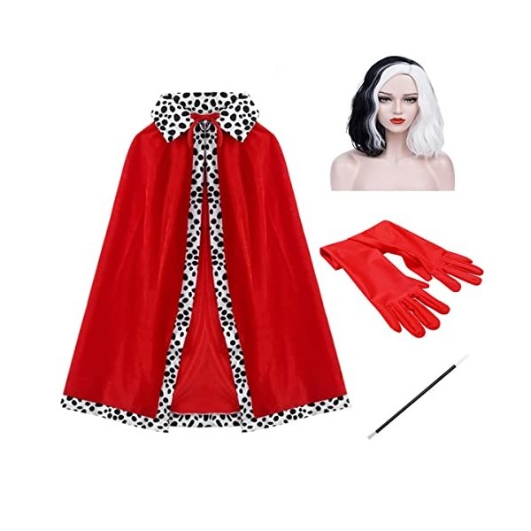 4PCS Cruella Deville Cape Perruque Gants Titulaire Ensemble daccessoires Cruella De Vil Déguisement Enfant Adultes pour Hall