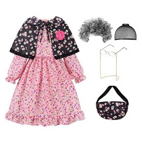 ReliBeauty Déguisement Grand-Mère Vieille Dame Enfant Fille Carnaval Déguisement Mamie avec Accessoires 7-8ans, 120