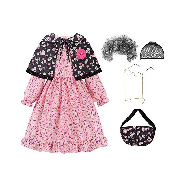 ReliBeauty Déguisement Grand-Mère Vieille Dame Enfant Fille Carnaval Déguisement Mamie avec Accessoires 7-8ans, 120