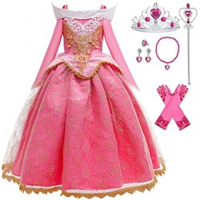 LiUiMiY Fille Déguisement Aurore Costume Maxi Robe Princesse Belle au Bois Dormant avec Accessoires Anniversaire Carnaval Noë
