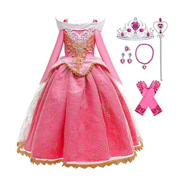LiUiMiY Fille Déguisement Aurore Costume Maxi Robe Princesse Belle au Bois Dormant avec Accessoires Anniversaire Carnaval Noë