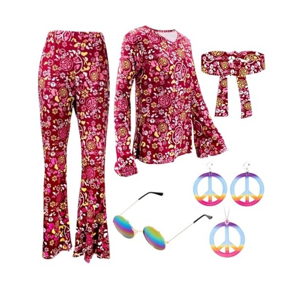 Deguisement Hippie Femme 70s 60s - Avec collier, boucles doreilles, lunettes de soleil, accessoires pour cheveux, hauts rétr