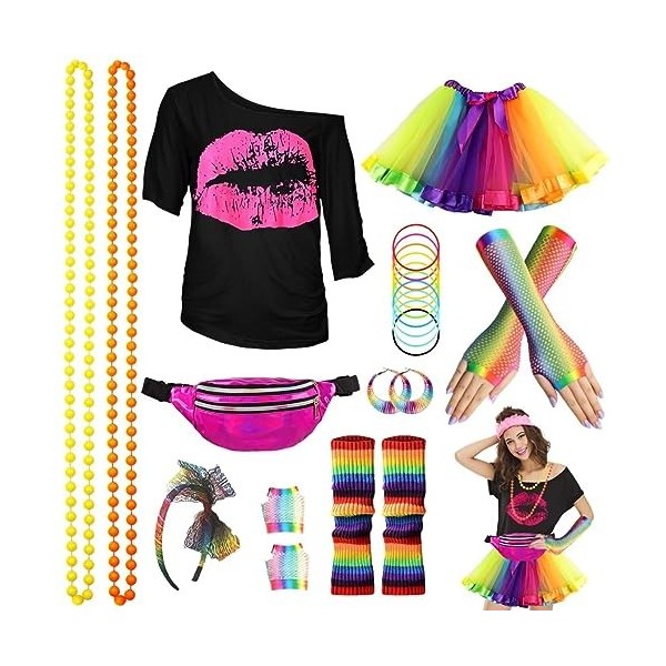 WILDPARTY Kit Déguisement Année 80 Accessoire Femme, T-Shirt, Tutu, Sac Banane, Bandeau, Boucle dOreille, Collier, Gants Rés