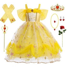 Emin Costume de princesse Belle pour fille la belle et la bête - Costume de princesse avec accessoires de Noël, danniversair