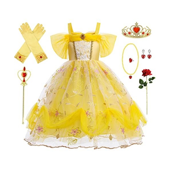 Emin Costume de princesse Belle pour fille la belle et la bête - Costume de princesse avec accessoires de Noël, danniversair