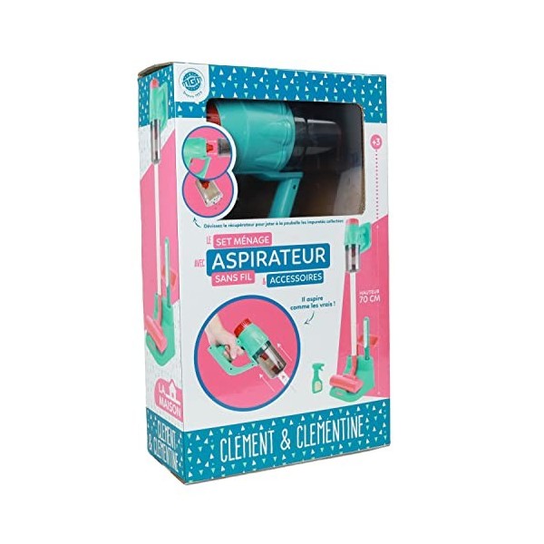 CLEMENT CLEMENTINE - Aspirateur sans Fil avec Accessoires - Jeu dImitation - 110401 - Bleu - Plastique - Ménage - Jouet Enfa