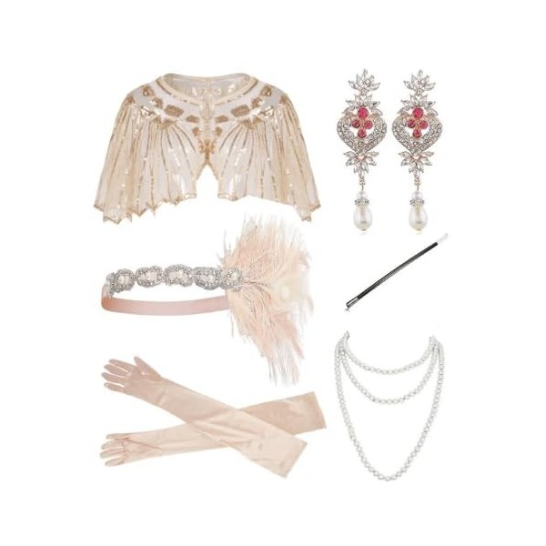 Greabuy Costume années 20 pour femme - Serre-tête Gatsby - Collier vintage années 1920 - Accessoire de déguisement - Accessoi