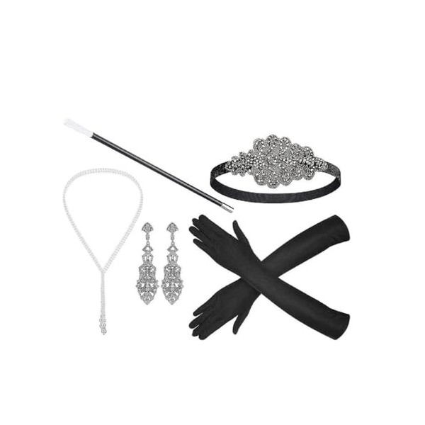 Greabuy Costume années 20 pour femme - Serre-tête Gatsby - Collier vintage années 1920 - Accessoire de déguisement - Accessoi