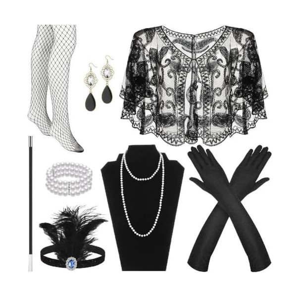 Greabuy Costume années 20 pour femme - Serre-tête Gatsby - Collier vintage années 1920 - Accessoire de déguisement - Accessoi