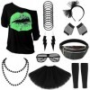 Geebuzz Déguisement des années 80 pour femme, ensemble daccessoires de costume des années 80, t-shirt imprimé lèvres, jupe t