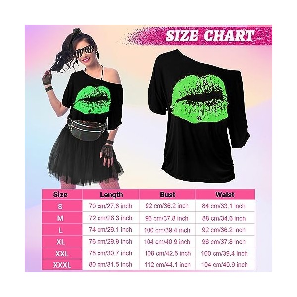 Geebuzz Déguisement des années 80 pour femme, ensemble daccessoires de costume des années 80, t-shirt imprimé lèvres, jupe t