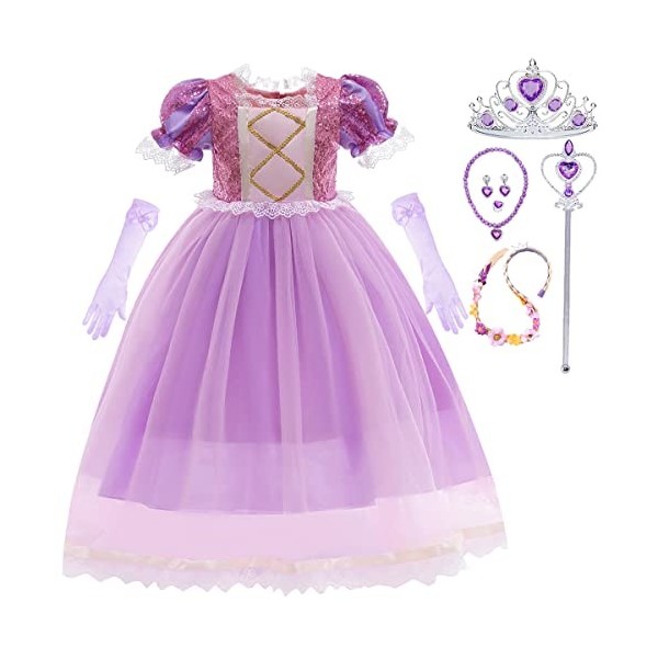 Snyemio Raiponce Robe de Princesse Fille Déguisement Rapunzel Viole