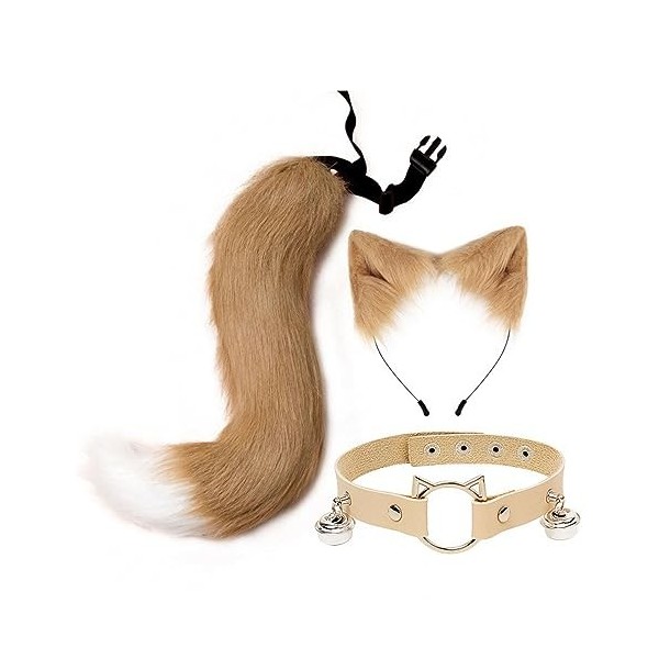 Qianly Oreilles et Queue de Loup en Fausse Accessoires de Costume avec Ceinture Réglable Cadeau Déguisement pour Enfants Adul