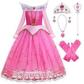 YOGLY Robe de Princesse Aurore Fille Déguisement La Belle au Bois Dormant Tulle Maxi Soirée Vêtements et Accessoires Couronne