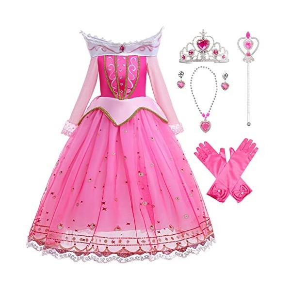 YOGLY Robe de Princesse Aurore Fille Déguisement La Belle au Bois Dormant Tulle Maxi Soirée Vêtements et Accessoires Couronne