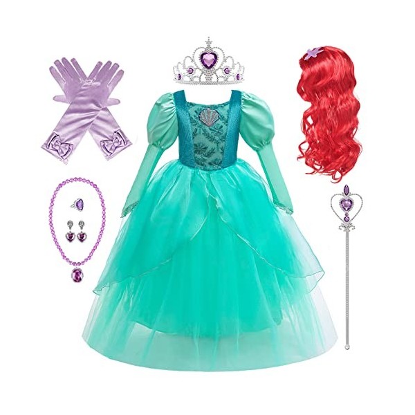 Emin Fille Costume de Princesse Ariel avec Accessoires Perruque Déguisement de Princesse Sirène Costume Anniversaire Fête Noë