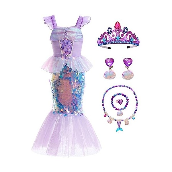 IWFREE Petite Sirène Déguisement avec Couronne Fille Princesse Ariel Costume et Accessoires Fancy Dress Halloween Noël Annive