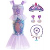 IWFREE Petite Sirène Déguisement avec Couronne Fille Princesse Ariel Costume et Accessoires Fancy Dress Halloween Noël Annive