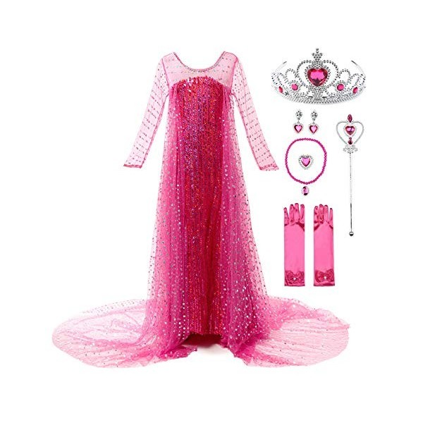 JerrisApparel Robe Costume Petites Filles Princesse Elsa Déguisement 150, Rose avec Accessoires 