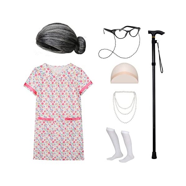 Funhoo Enfants Filles Vieille Dame 100 jours décole Costumes The 100th Day of School Grand-mère Perruque Robe Lunettes Chaus